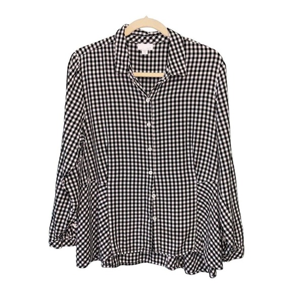 J. Jill Black and White Gingham Button Down 100% Rayon Women’s Top Sz. PLarge - Picture 1 of 12